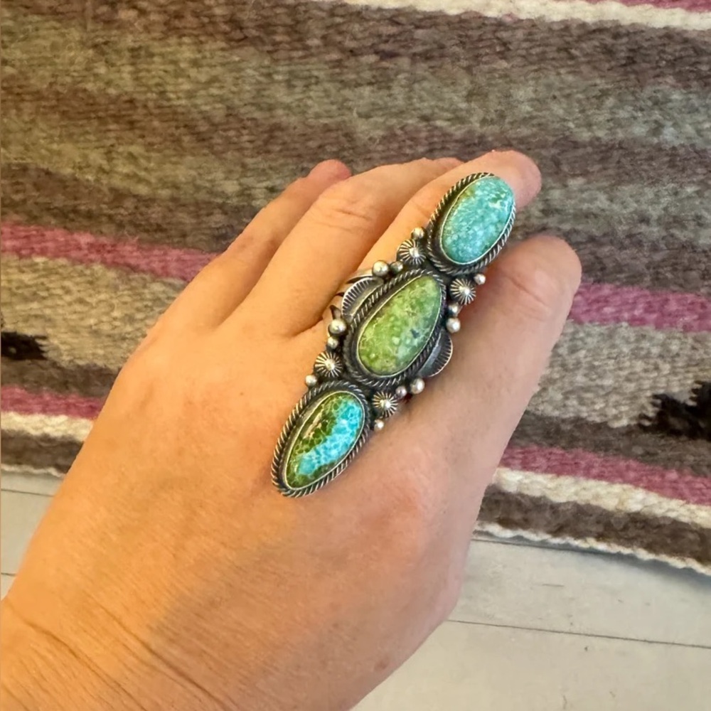 Navajo sterling silver Turquoise 3 stone ring by Tom Lewis